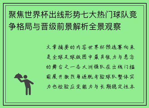 聚焦世界杯出线形势七大热门球队竞争格局与晋级前景解析全景观察