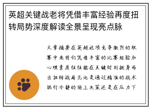 英超关键战老将凭借丰富经验再度扭转局势深度解读全景呈现亮点脉